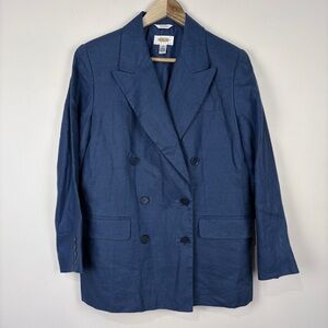 Talbots Vintage Blue 100% Linen Double Breasted Jacket Coastal Classic